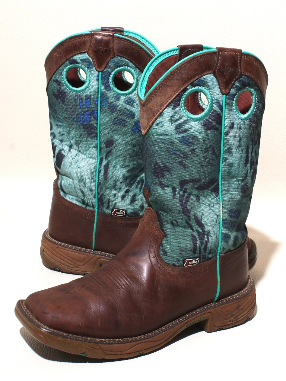 Justin Womens EH Western Work Boots Size 8B Brown Turquoise Camo Square Toe